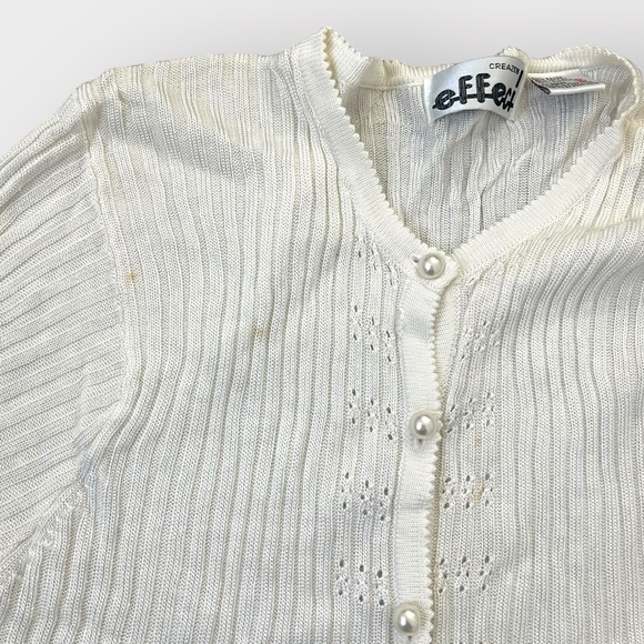 Creazioni Effeci Cream White Ribbed Cardigan w/ Pearl Buttons Girly Coquette - Picture 4 of 5